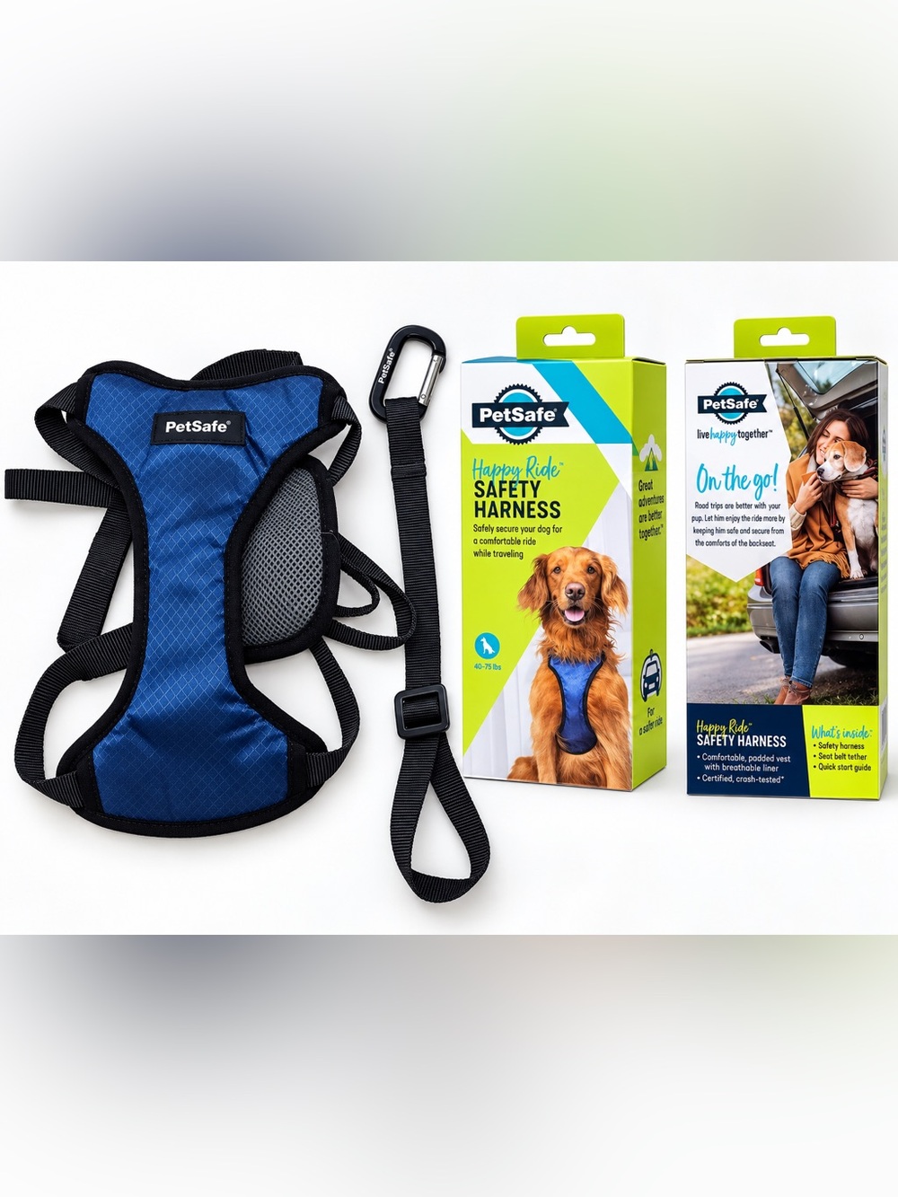 PetSafe Happy Ride Safety Harness Blue Dog Car Seat Belt Harness 40-75 lbs New